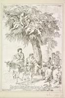 La Sacra Famiglia durante la fuga in Egitto con angeli sopra un palmizio.