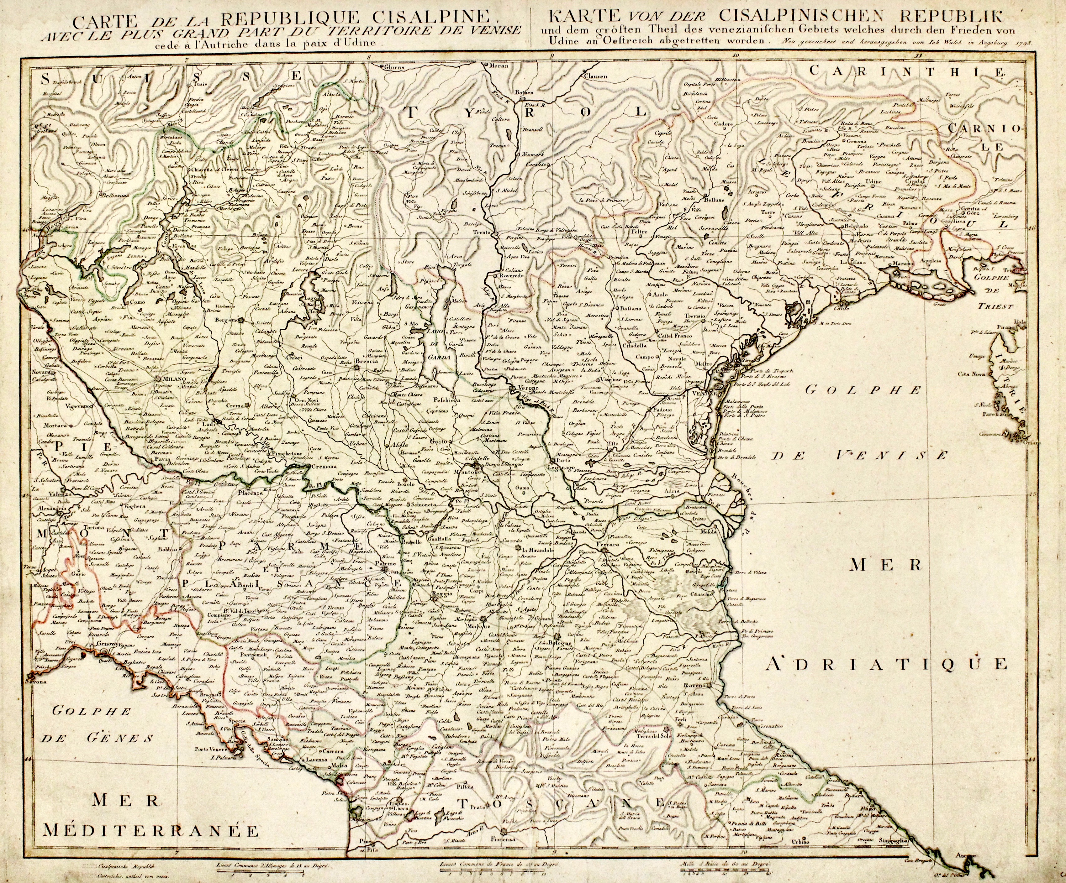 Walch Johann Carte De La Republique Cisalpine Avec Le Plus Grand Part Du Territoire De Venise Cede A L Autriche Dans La Paix D Udine Titolo Ripetuto In Tedesco A Lato